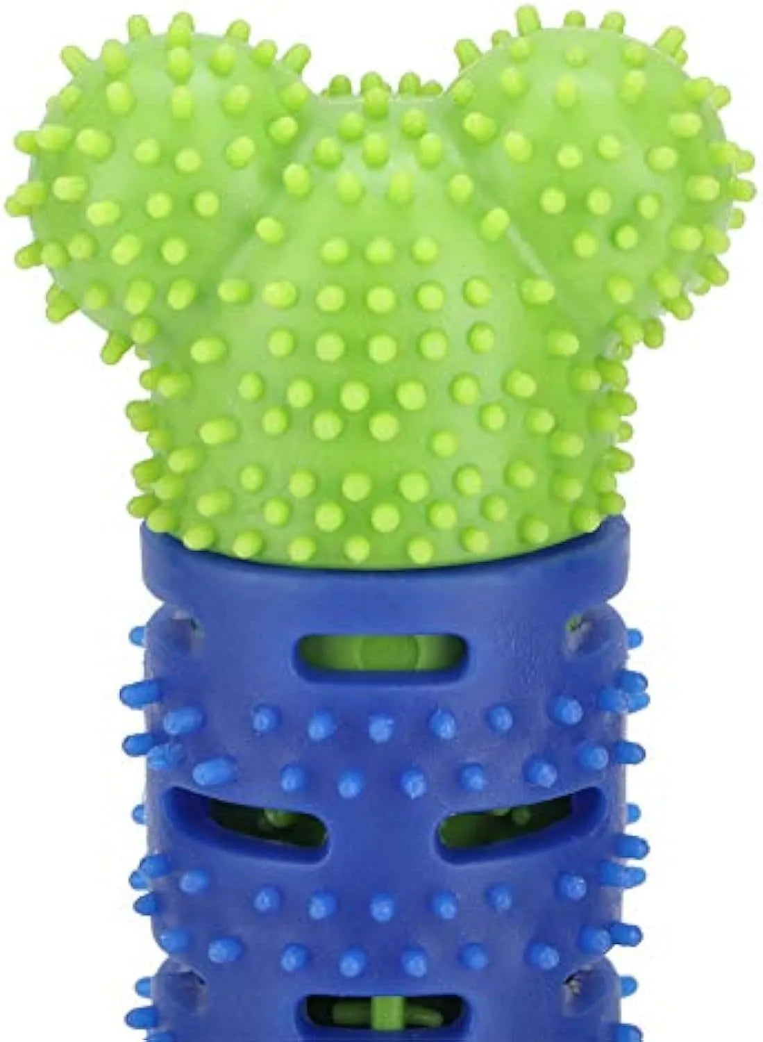 Blue silicone dog chew toy with textured brush head design for dental cleaning.