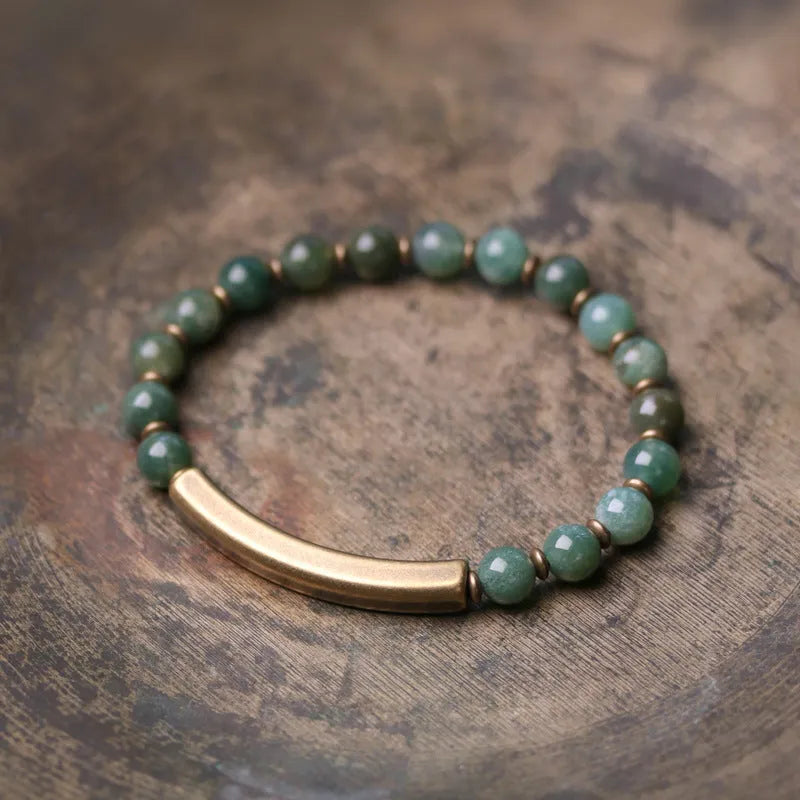 Layered retro ethnic bracelet with stone beads in water grass agate, obsidian, and red jasper colours