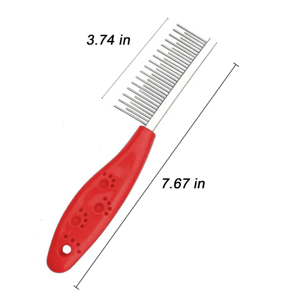 Red pet grooming comb with stainless steel long and short teeth and a plastic anti-slip handle