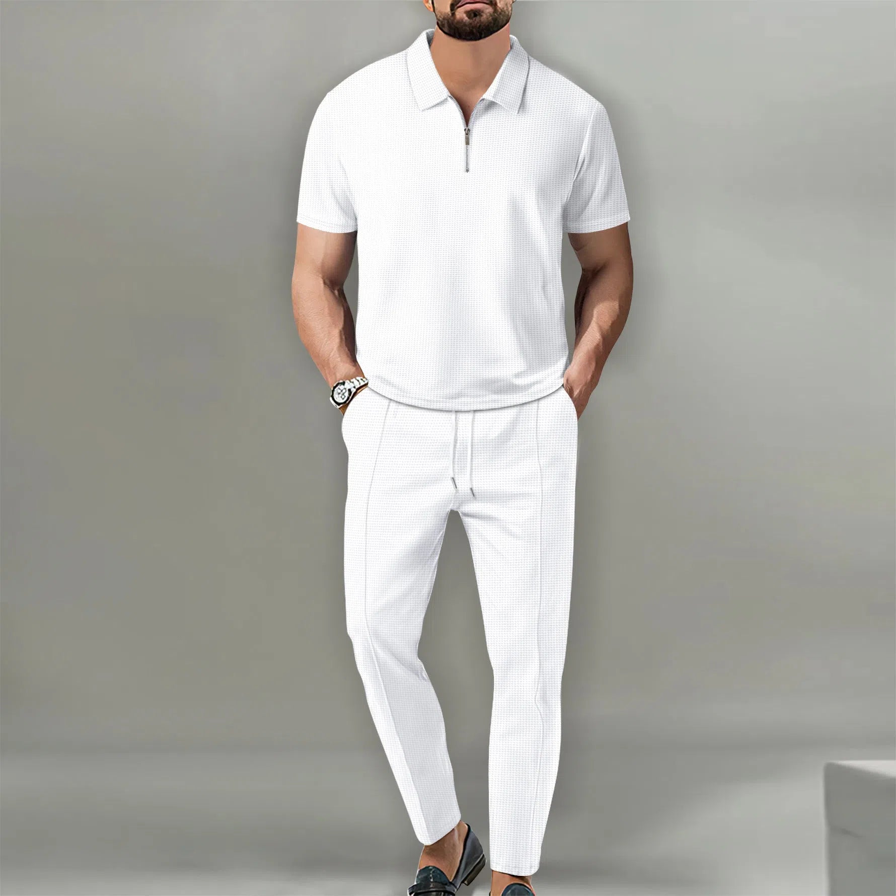 Men's solid colour waffle lapel suit set with short-sleeve top and trousers in khaki