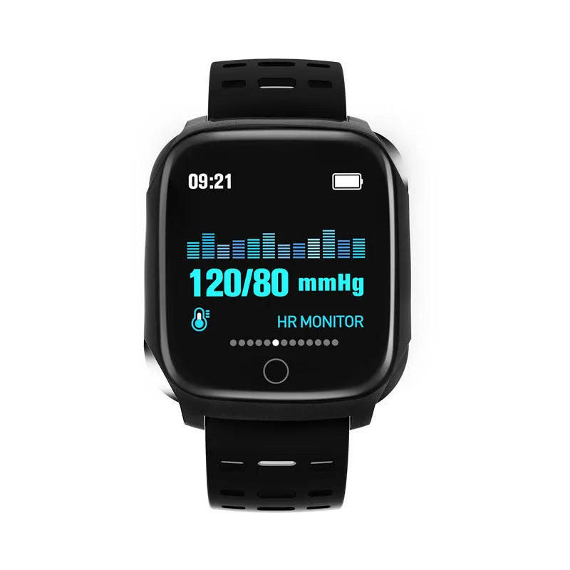 F16 smart watch with ECG and blood pressure monitoring on wrist, showing black and grey colour variant.