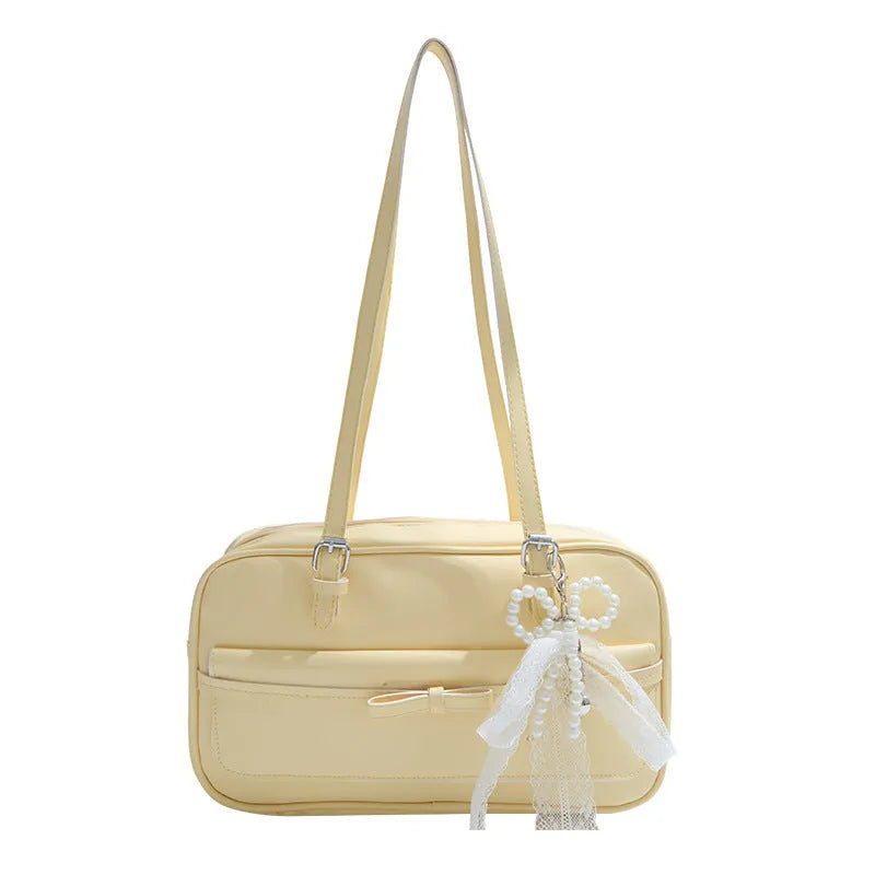 PU single-shoulder flap bag in horizontal square shape with bow stitching decoration