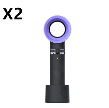 Compact portable bladeless desk fan with USB charging cable on a wooden desk