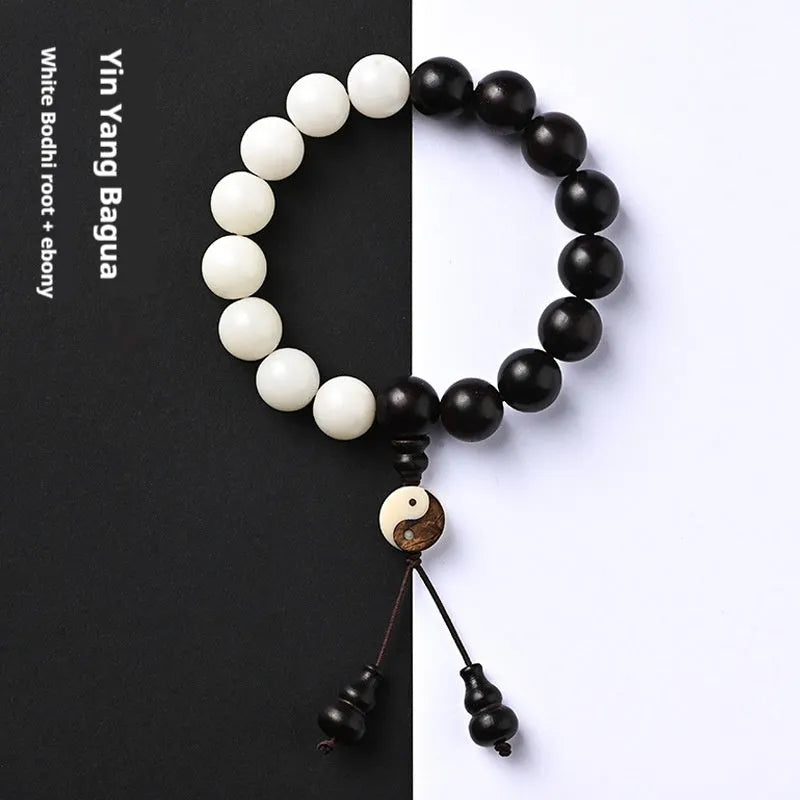White handmade bodhi bead bracelet with eight-diagram-shaped beads