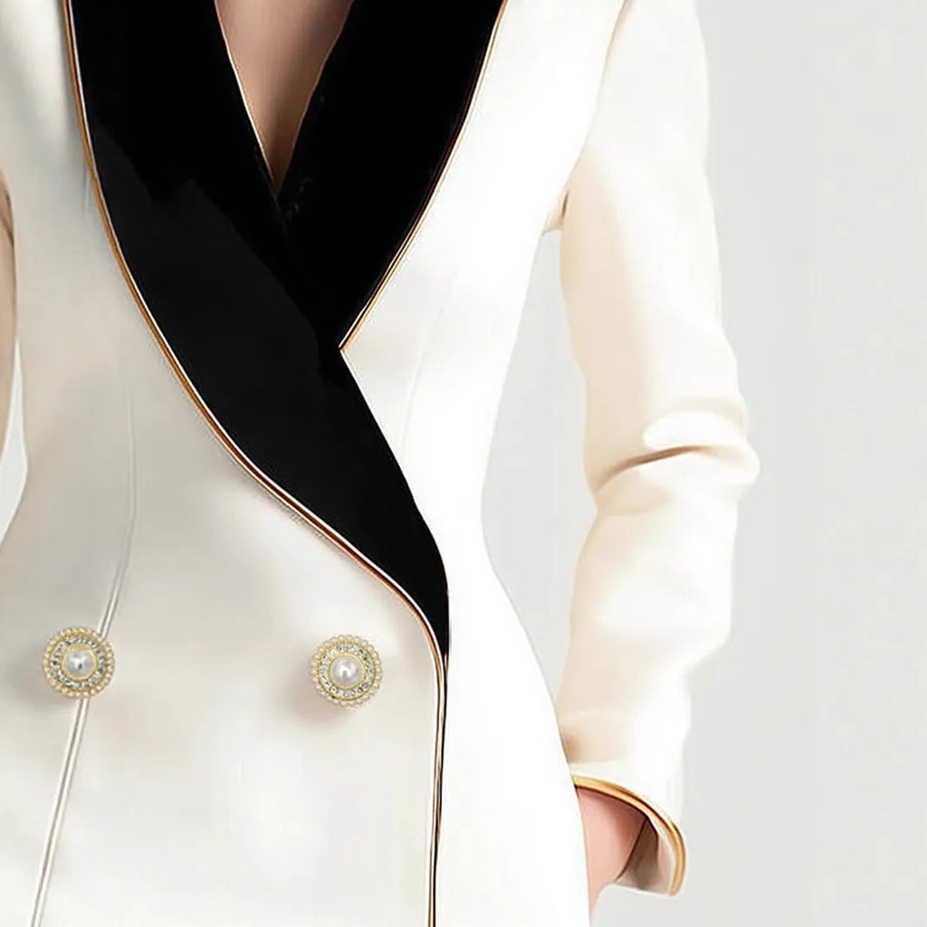 Women's irregular cut coat with golden-edged pearl buttons in milky white TR polyester fabric