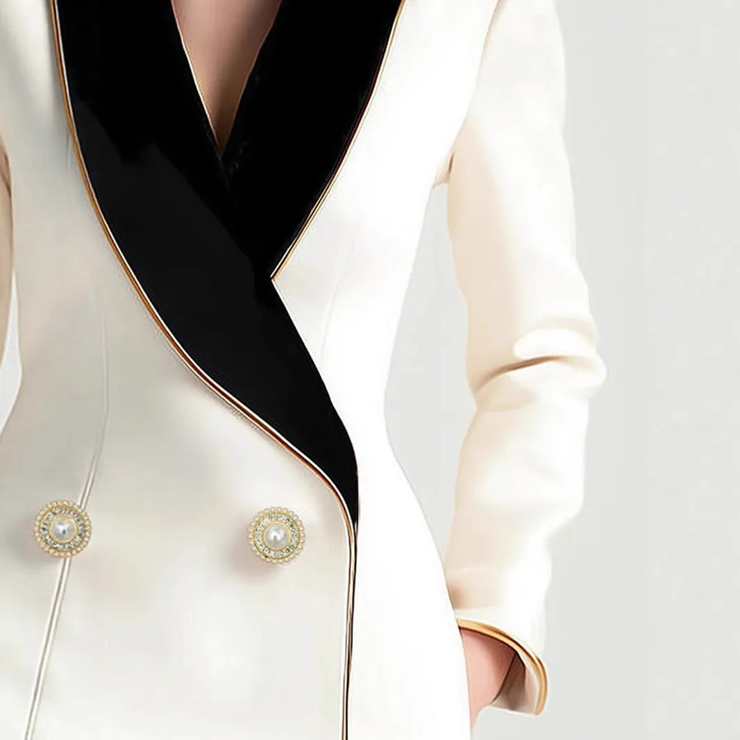 Women's irregular cut coat with golden-edged pearl buttons in milky white TR polyester fabric