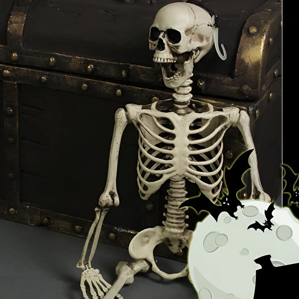 Full 170 cm tall plastic skeleton prop with detailed human skull standing upright