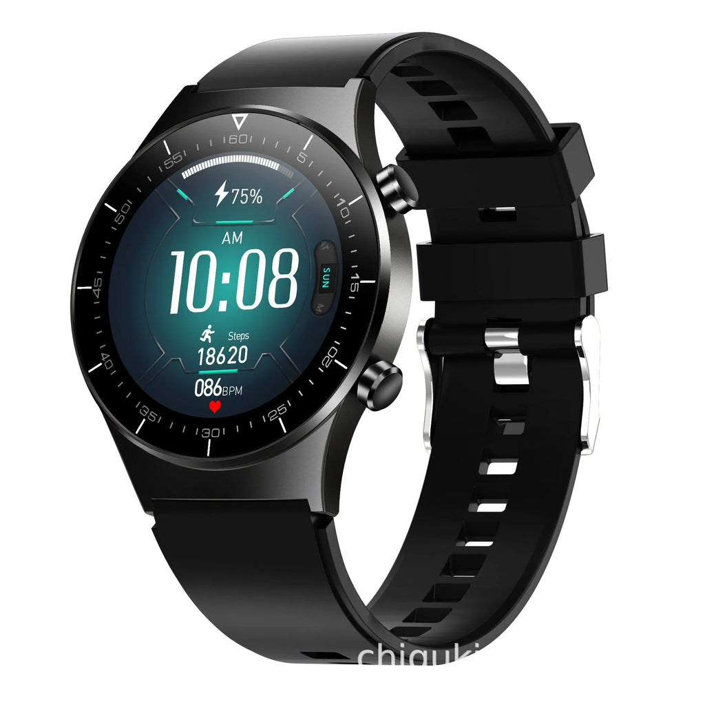 Black sports smartwatch with 1.28-inch glass touchscreen display on TPU wrist strap