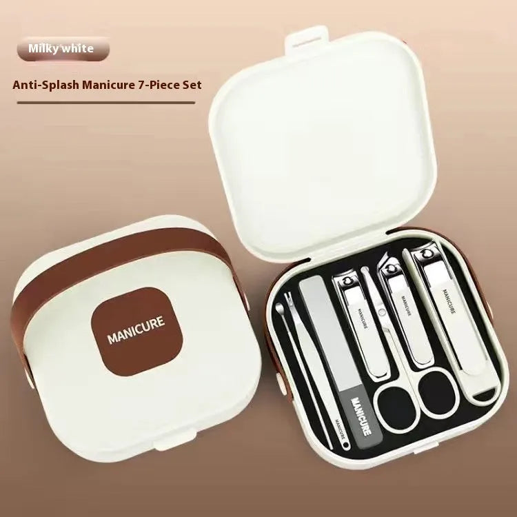 Anti-splash portable household fingernail maintenance kit with stainless steel tools in multiple colours
