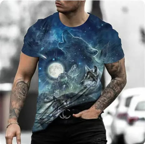 Retro 3D animal graphic printed on a men's short sleeve grey t-shirt.