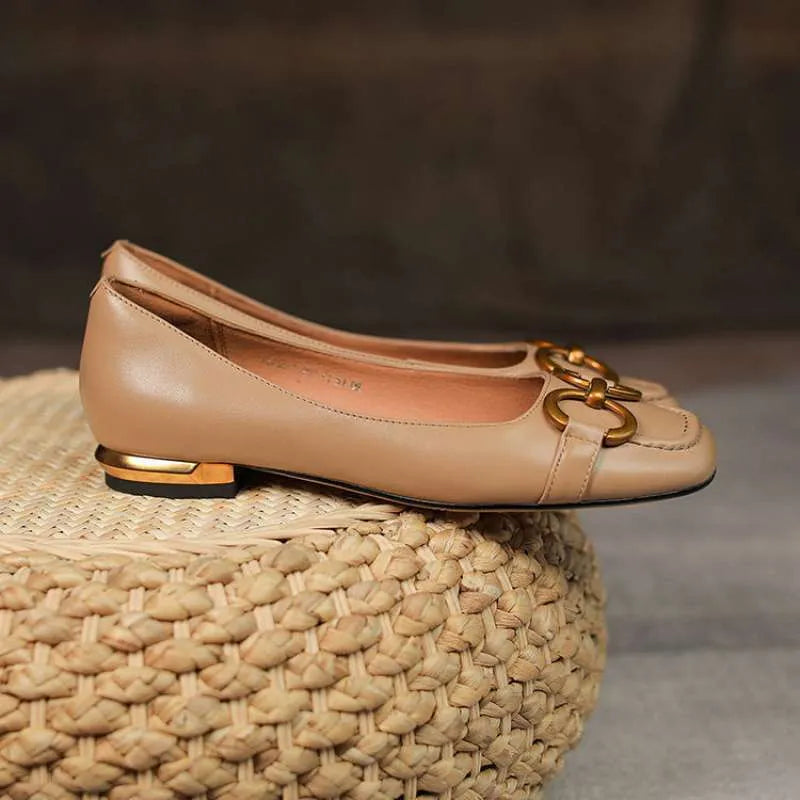 Wanwan Lei style Mary Jane pumps with shallow metal mouth, square toe, and low heel in various colours