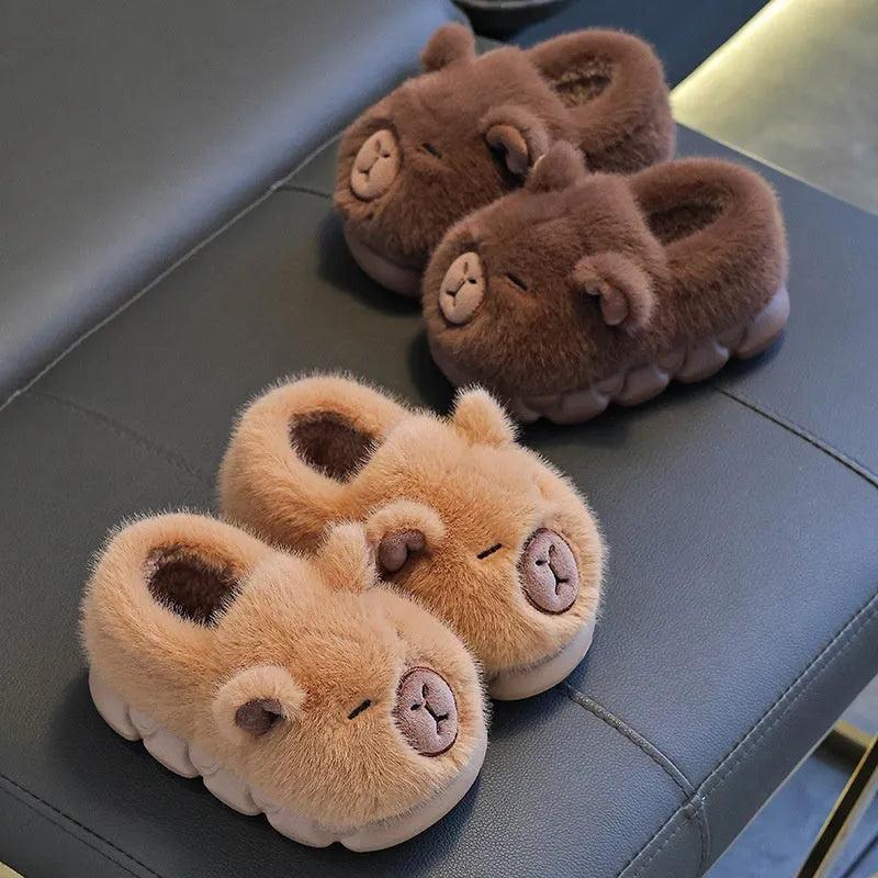 Kappabala children's winter cotton heel house slippers in light coffee colour with cartoon pattern and EVA sole
