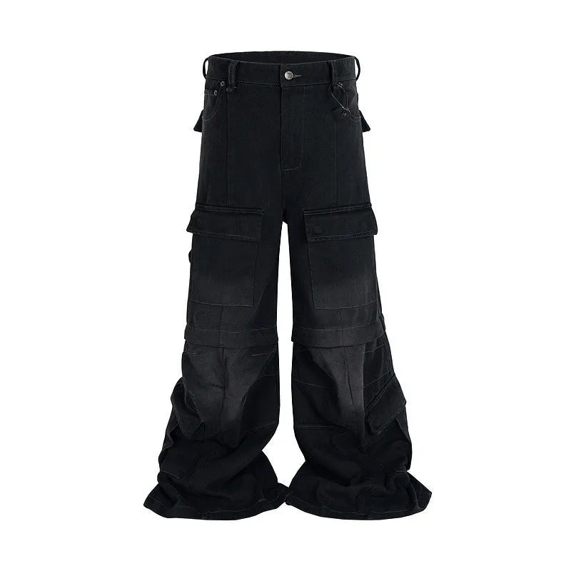 Cotton denim detachable overalls with washed-out finish and multiple pockets in black colour option
