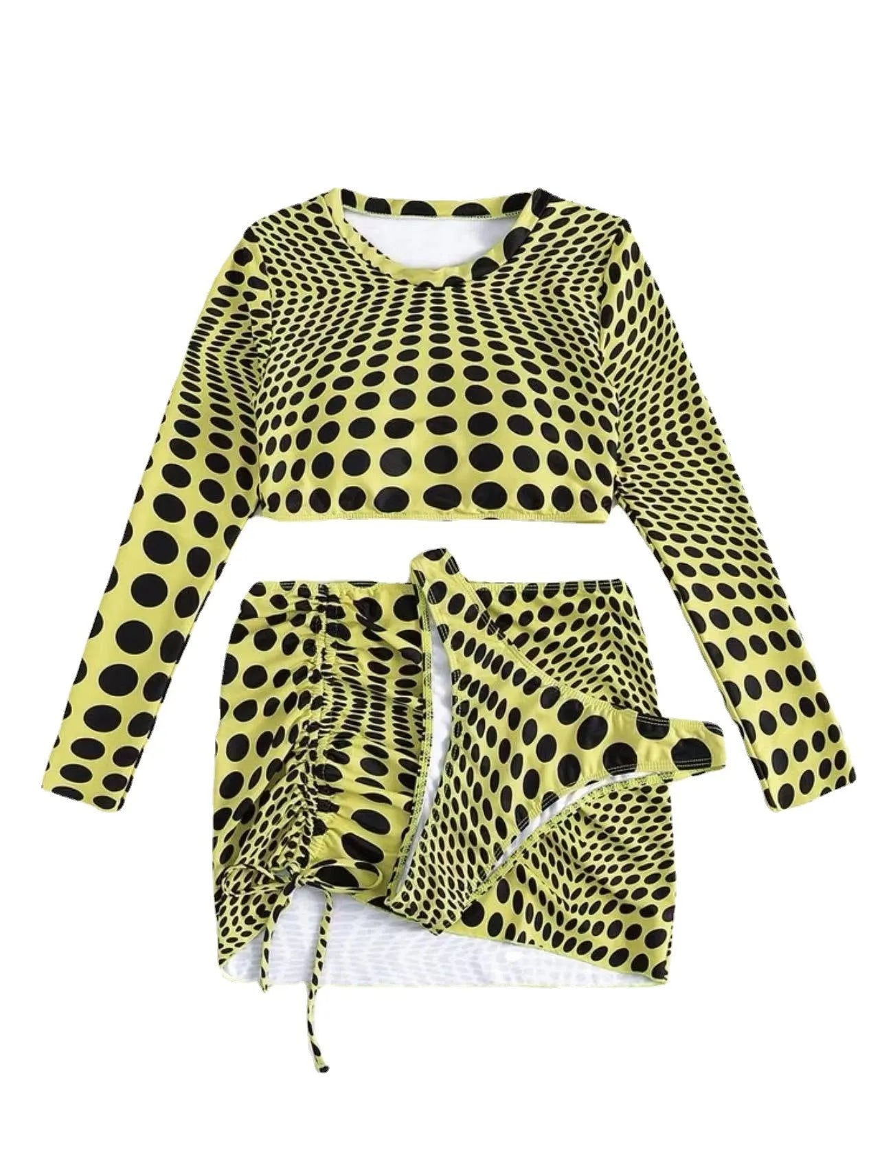 Green and yellow polka dot women's three-piece swimsuit set showing top, skirt, and bra.