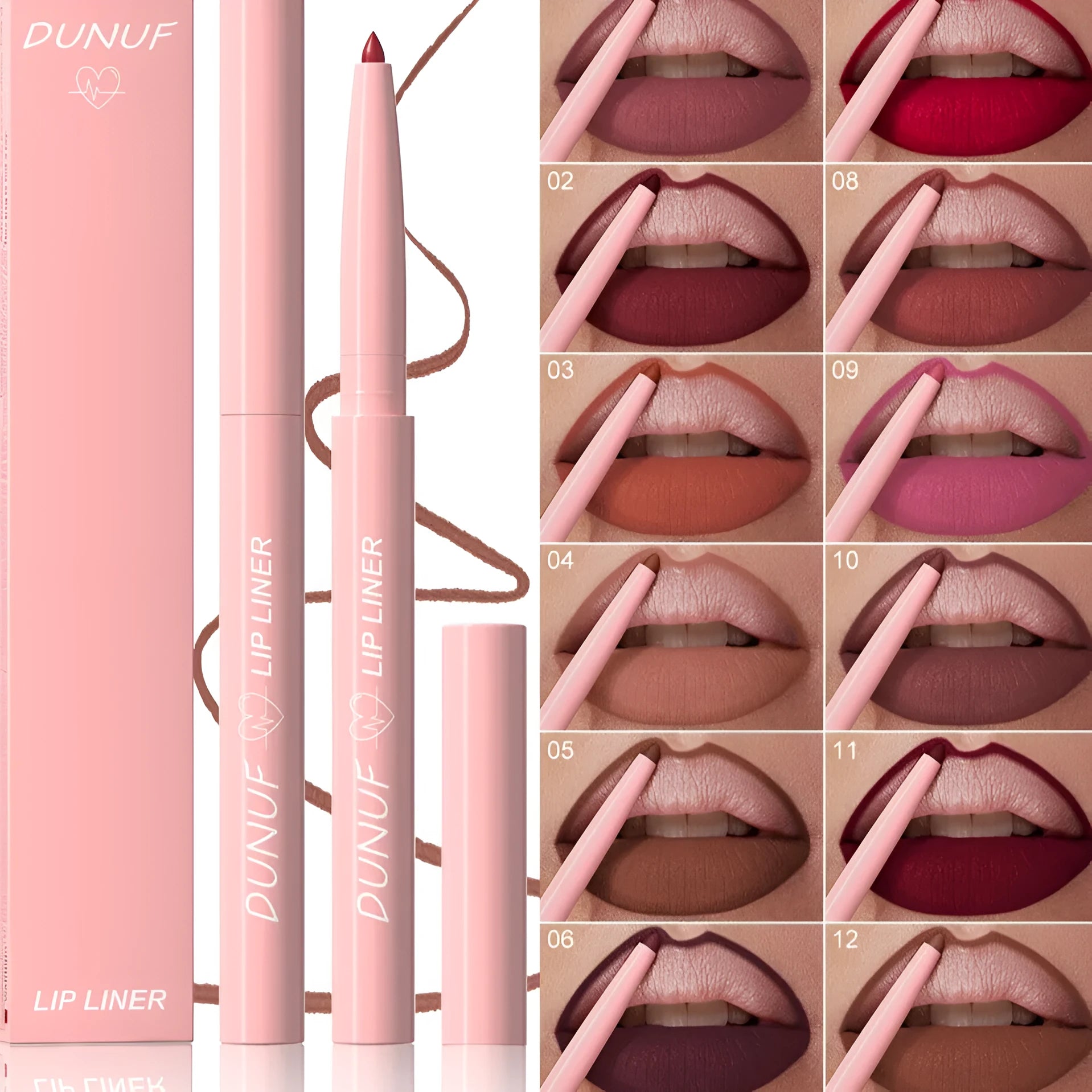 Set of twelve velvet matte lip liner pencils in different colours numbered 01 to 12