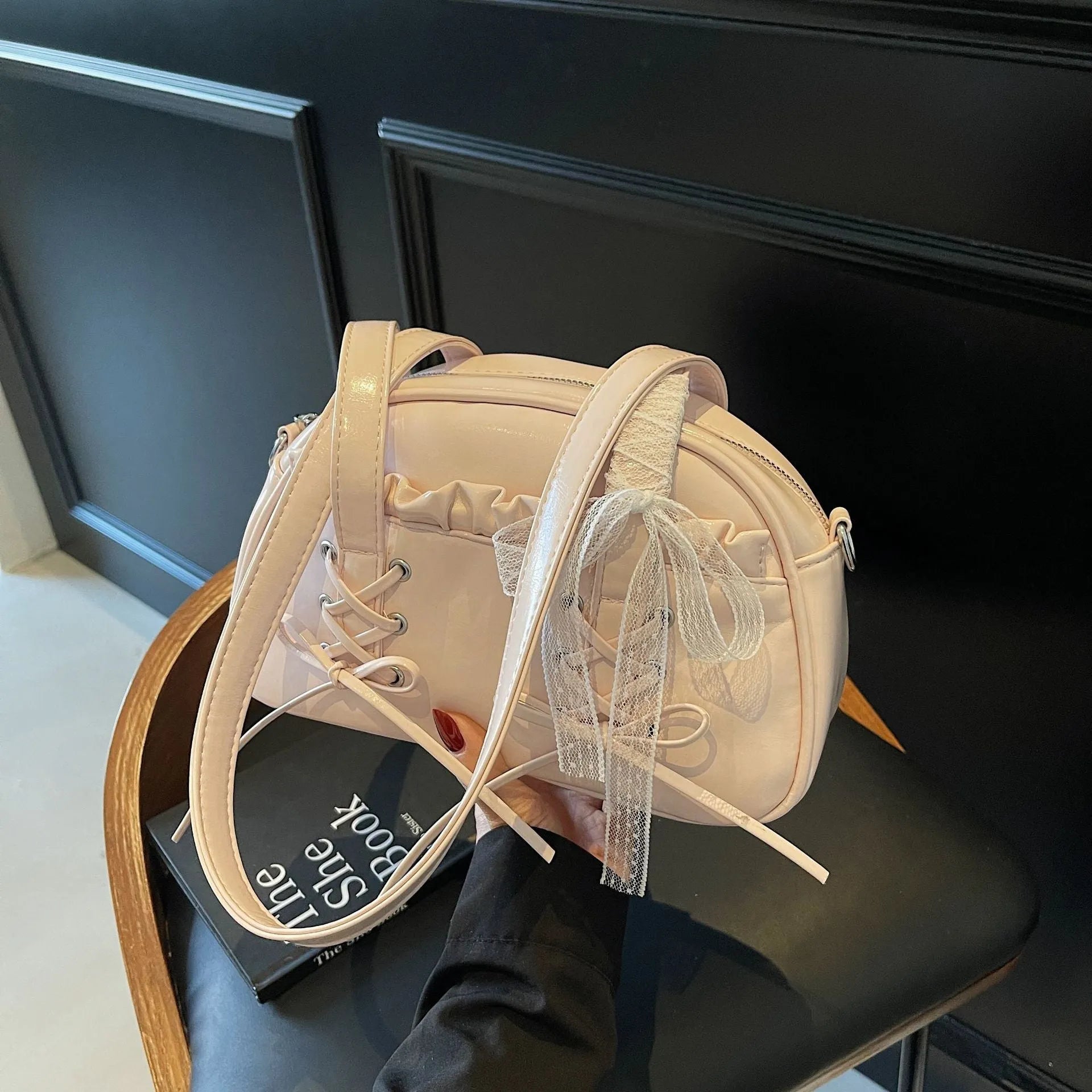 Women's fashion handbag with bow and bandage styling in PU leather, casual shoulder bag design