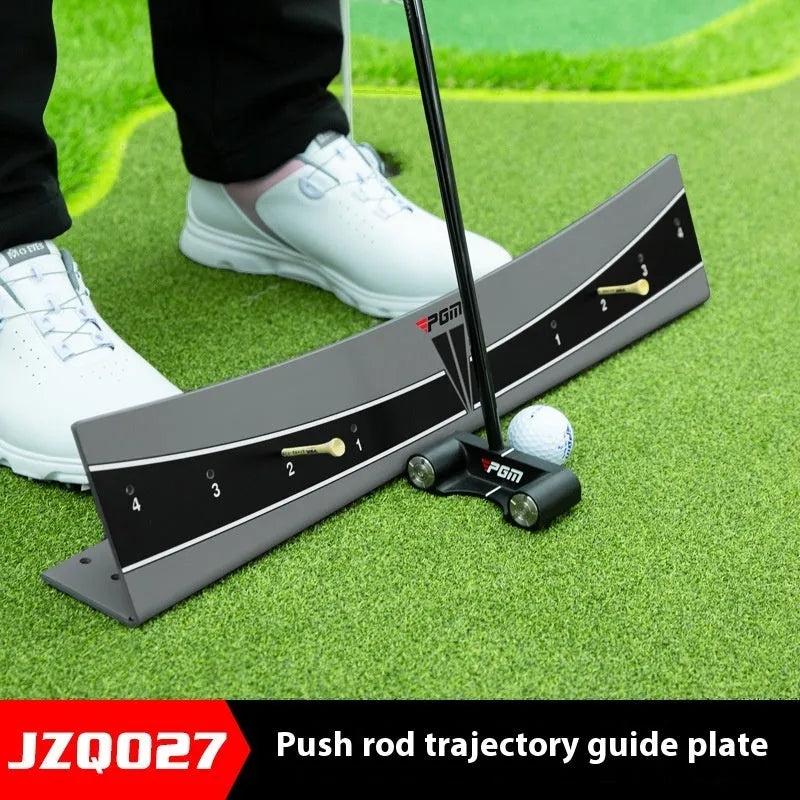 Golf putter with attached adjustable trajectory balance simulator, a PVC training aid for stroke feedback.
