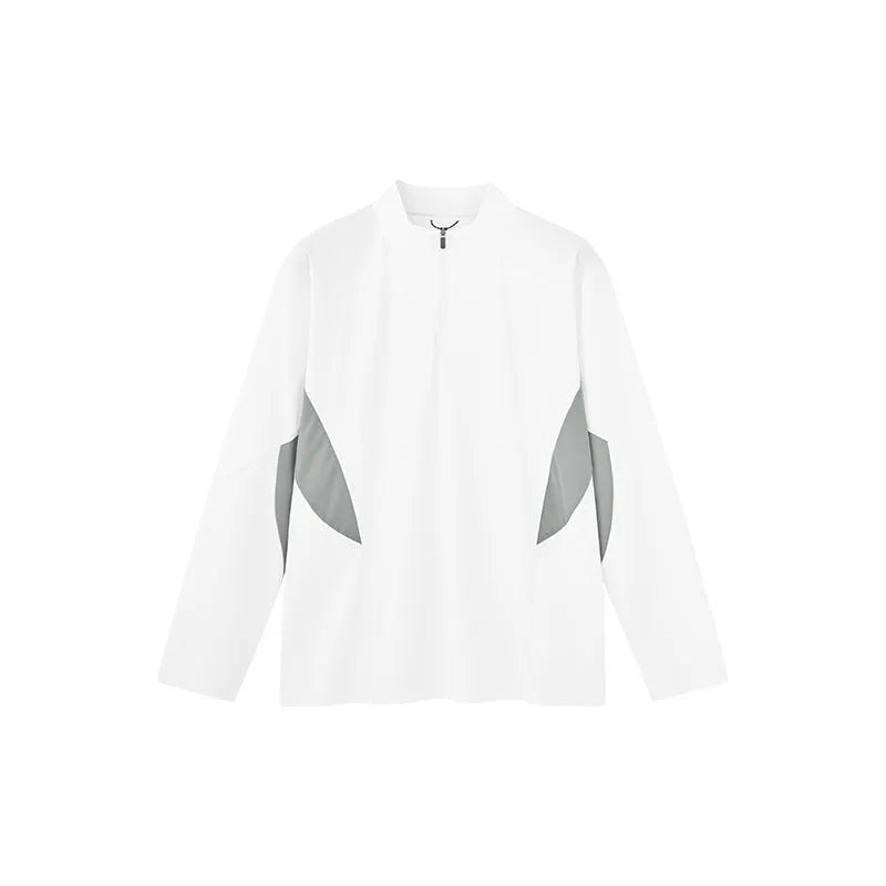 Man wearing a solid beige lightweight long sleeve polyester casual top