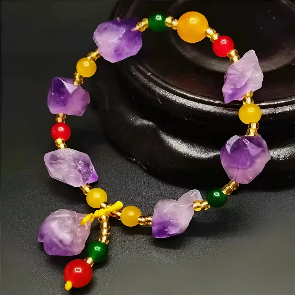 Natural-shaped amethyst bead bracelet with engraved fu character for women's jewellery