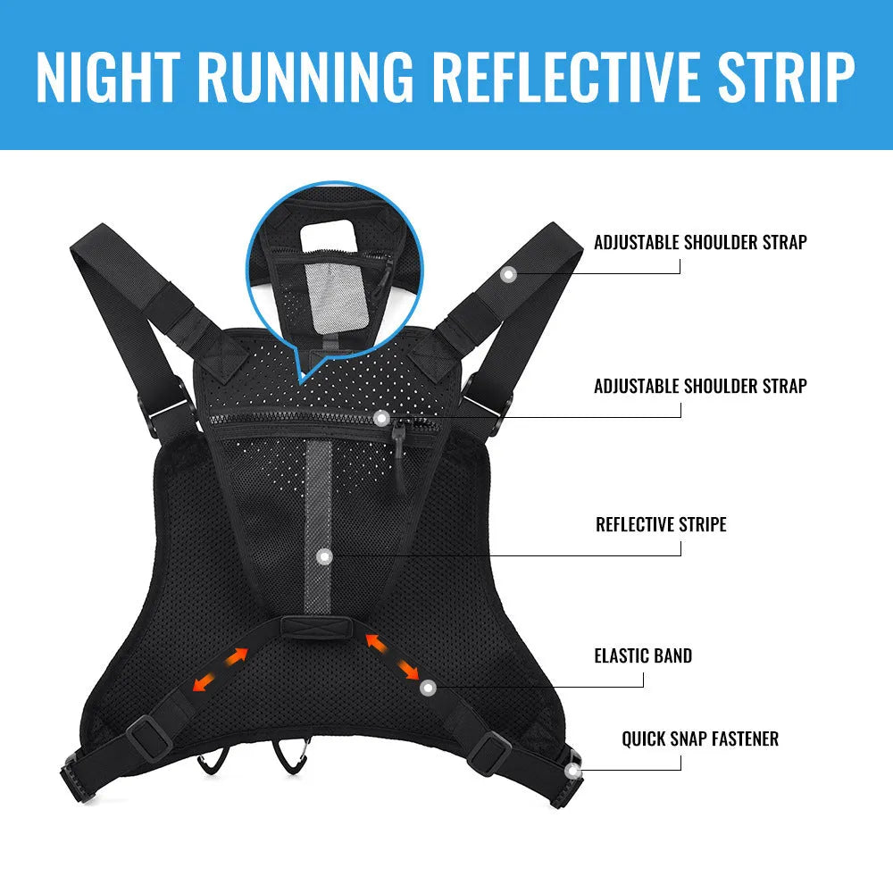 Black outdoor chest bag with adjustable straps, made from Oxford cloth with visible sewing lines.
