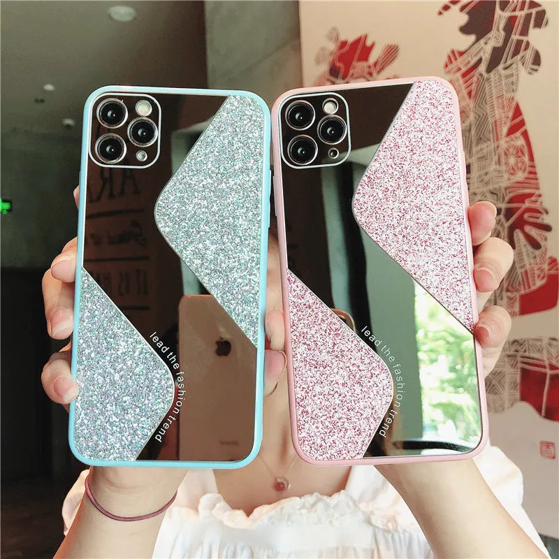 Glitter mirror phone case with rhinestone decoration for Apple iPhone in black, blue and pink colour options