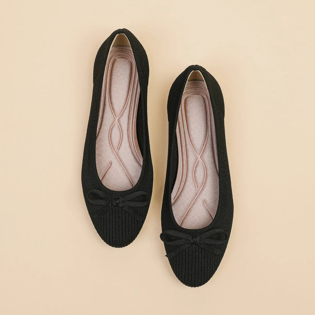 Women's round toe flat pumps with bow detail and butterfly print fabric uppers