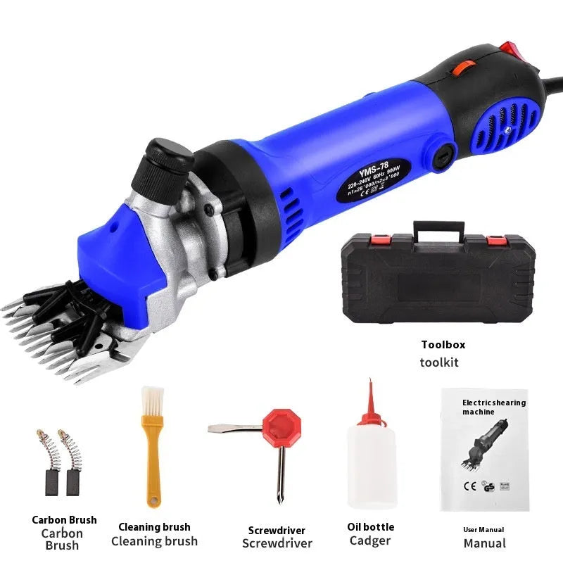 Yellow electric wool shearing machine with 13-tooth blade, maintenance tools, and plastic storage box
