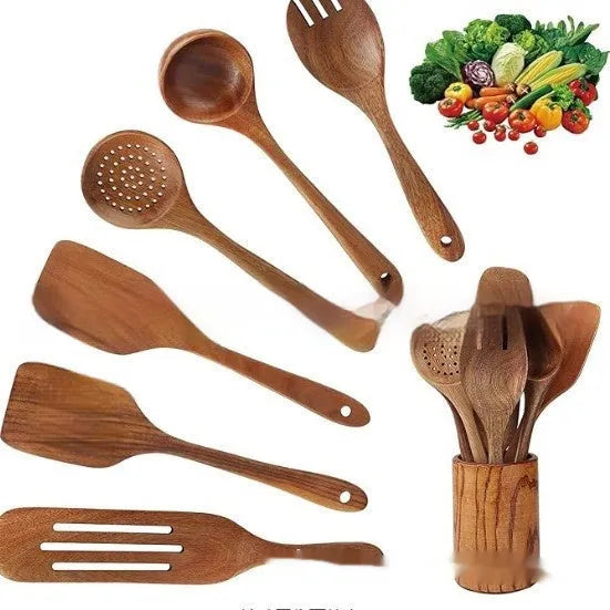 Wooden seven-piece kitchen utensil set with spoons and spatula in four weight options