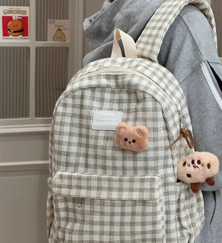 Corduroy checked backpack in khaki with computer pocket, 42x30x15cm, retro campus style