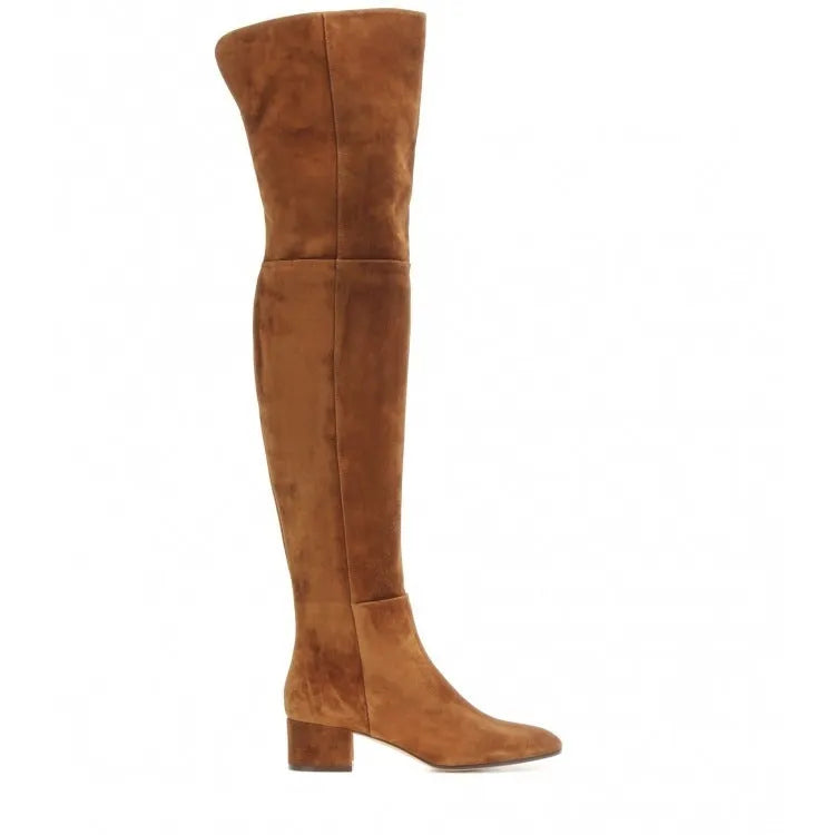 Grey suede women's flat over the knee boots with a pointed toe and thick low heel.