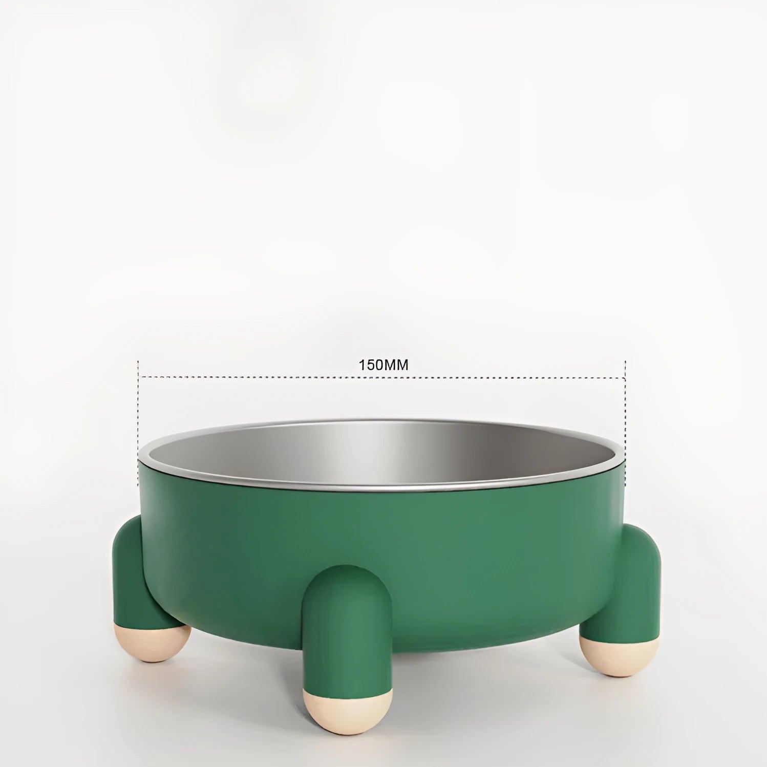 Green non-slip stainless steel pet bowl with high foot base on a floor.