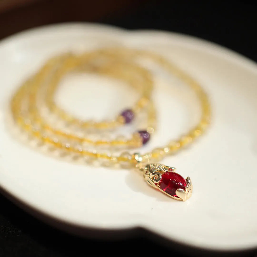 Natural Brazil gold rutilated quartz bracelet with three-circle pendant and Chinese style design