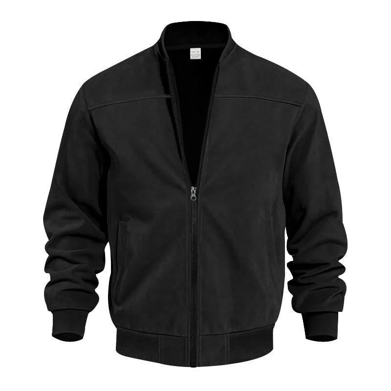 Men's plus size suede casual jacket with zipper closure in Army Green colour showing regular sleeve design