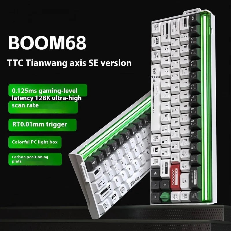BOOM68 compact mechanical keyboard with RGB backlighting on a desk