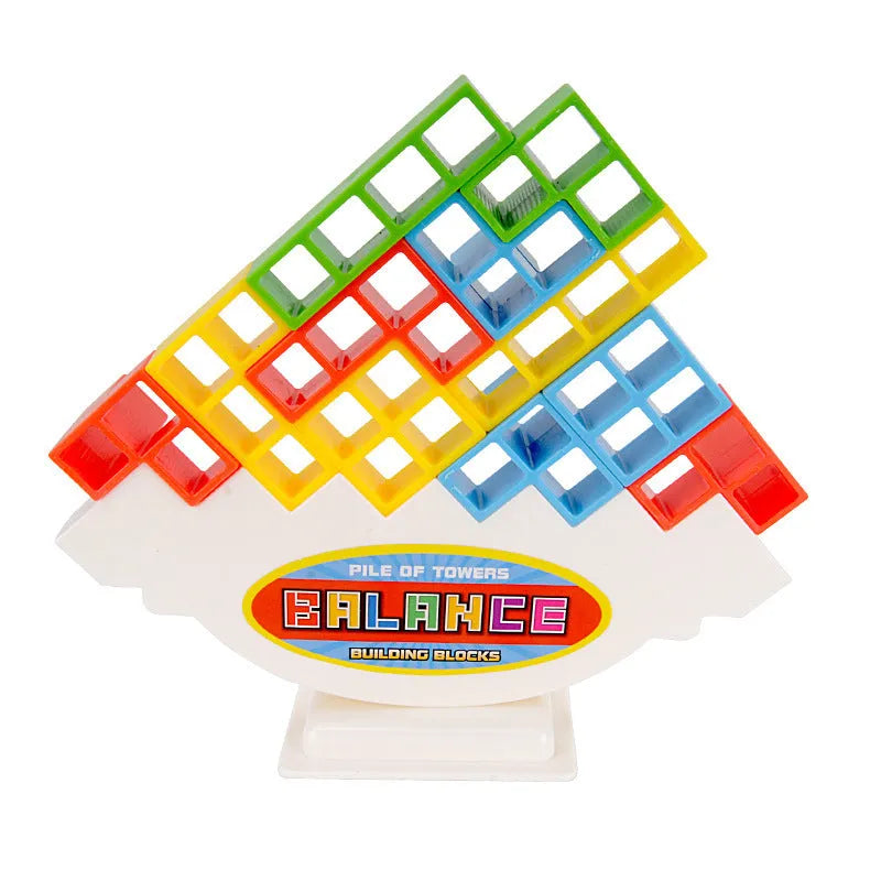Plastic balance stacking game with colourful building blocks on chassis for family play