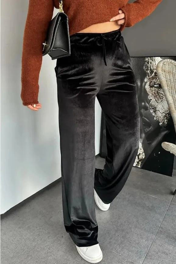 Black shiny velvet high waist straight leg casual pants with drawstring