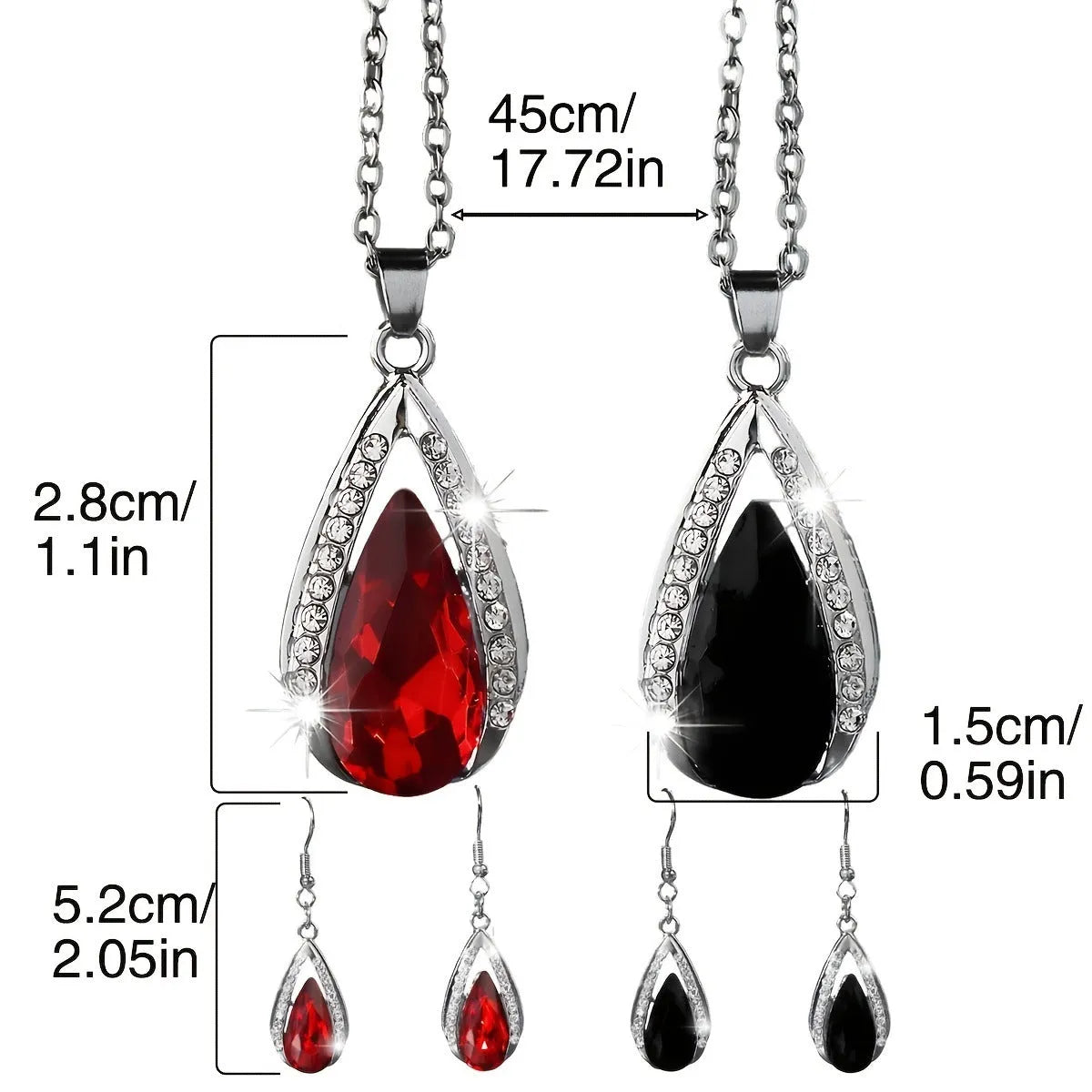 Black and red teardrop glass pendant necklace and earrings matching set.