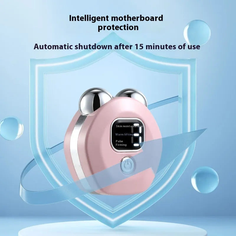 White portable facial massage instrument with double-roller head and USB cable on a blue background.