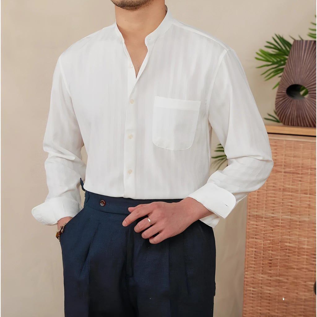 Blue and white striped seersucker long sleeve shirt with a loose lapel and baseball collar.