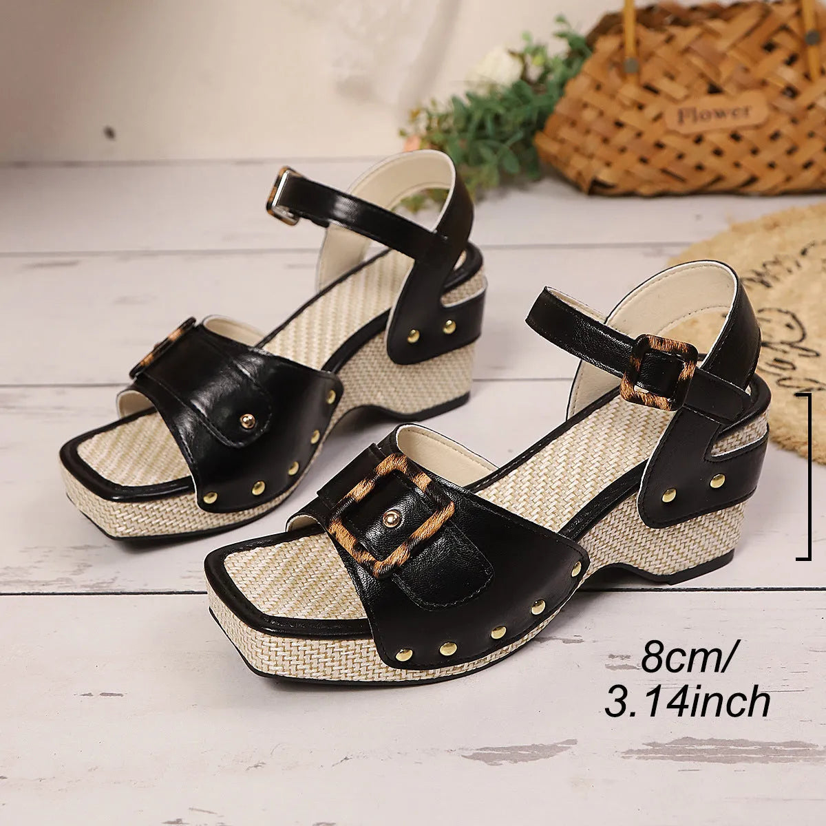 Chunky heel sandals with metal buckle closure and square toe design