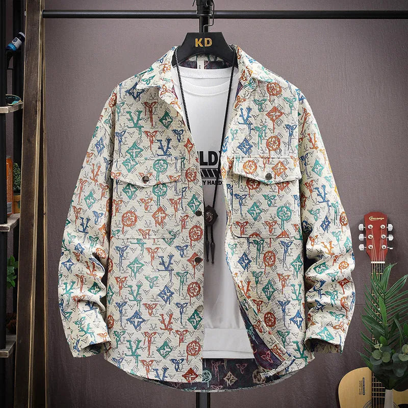 Men's casual lapel shirt coat in polyester, shown in a colour option like black or blue, with long sleeves and a straight hem.