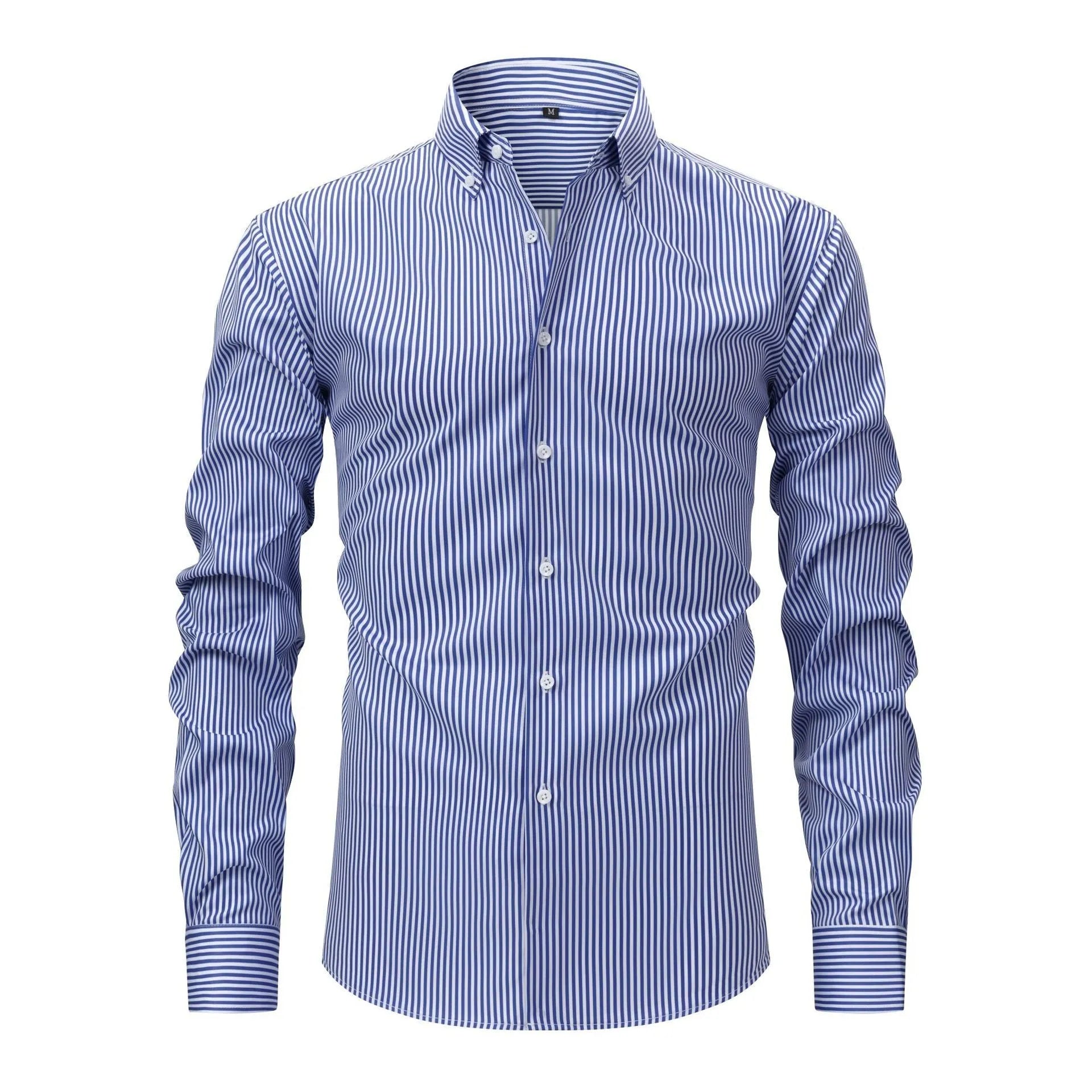 A striped non-ironing men's long-sleeved business shirt with a lapel collar.