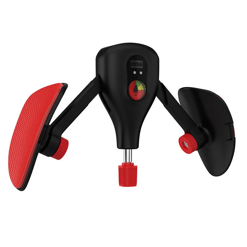Men's black Kegel trainer for PC muscle exercise with straps and handle on a grey background.
