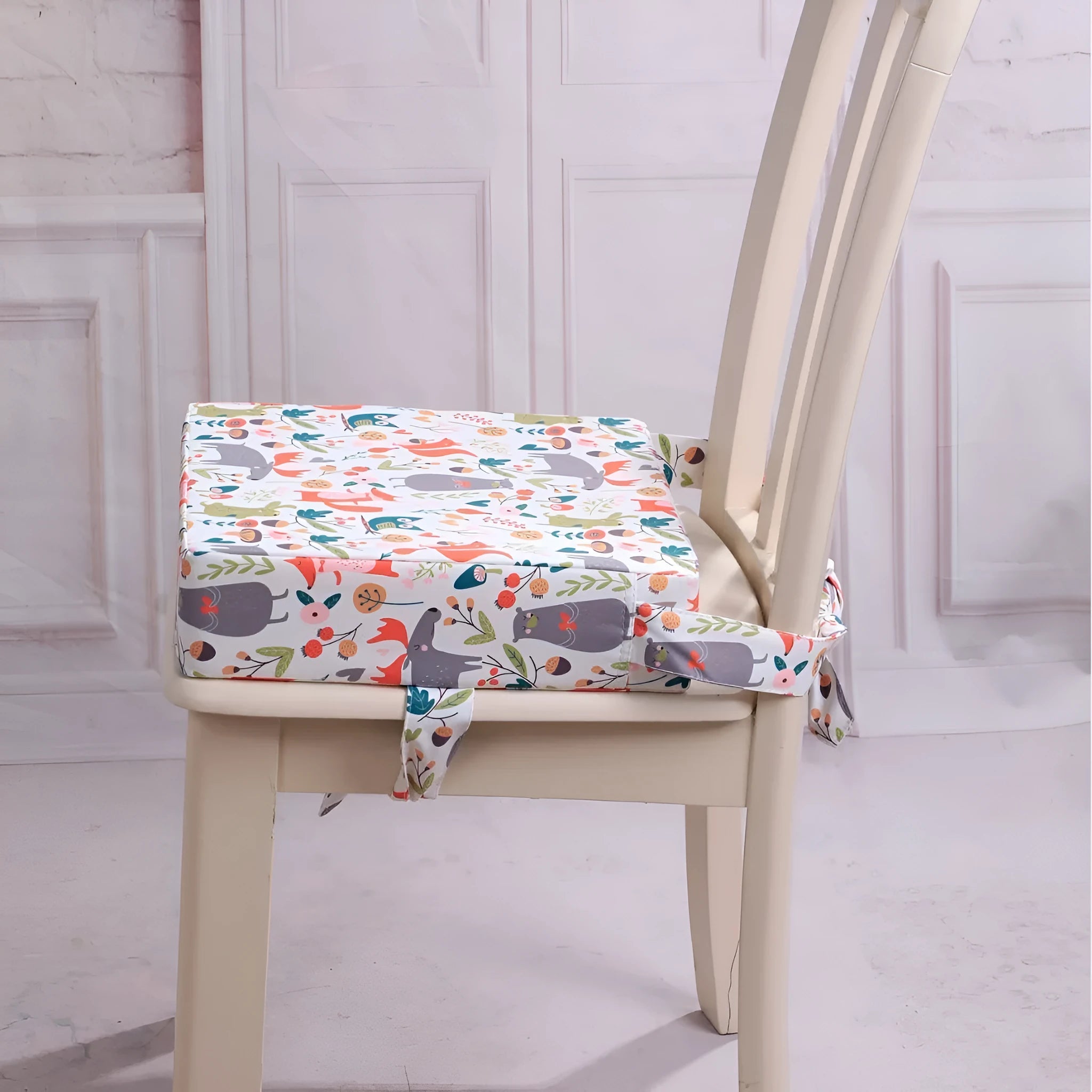 Children's portable dining chair booster seat with Happy Animals dark green background and seat cushion