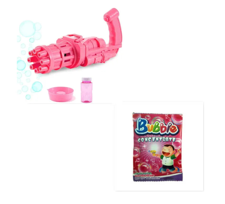 Kids pink bubble machine gun toy with leaf blower design on green grass