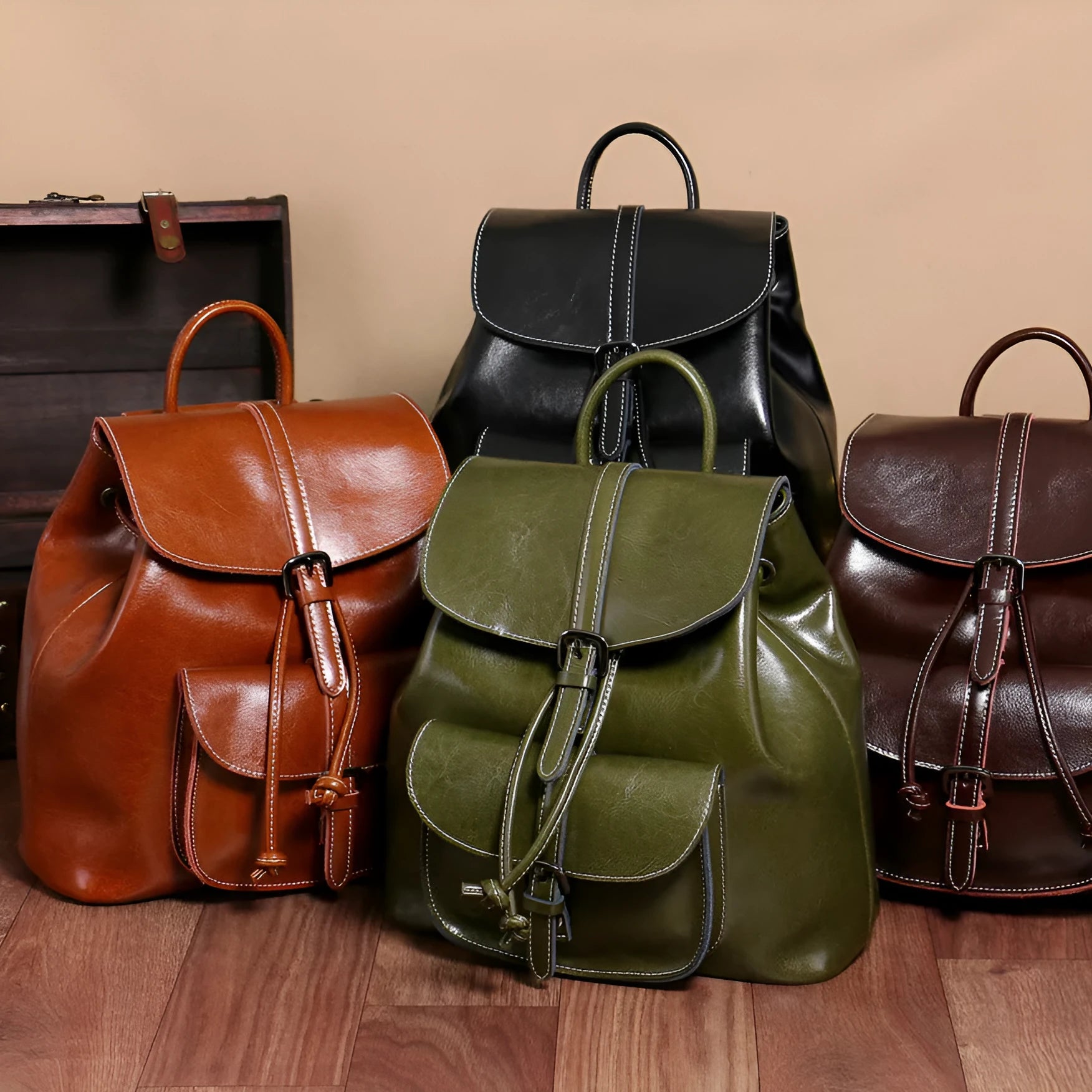 Korean style black cowhide leather backpack with front pocket and pull-belt