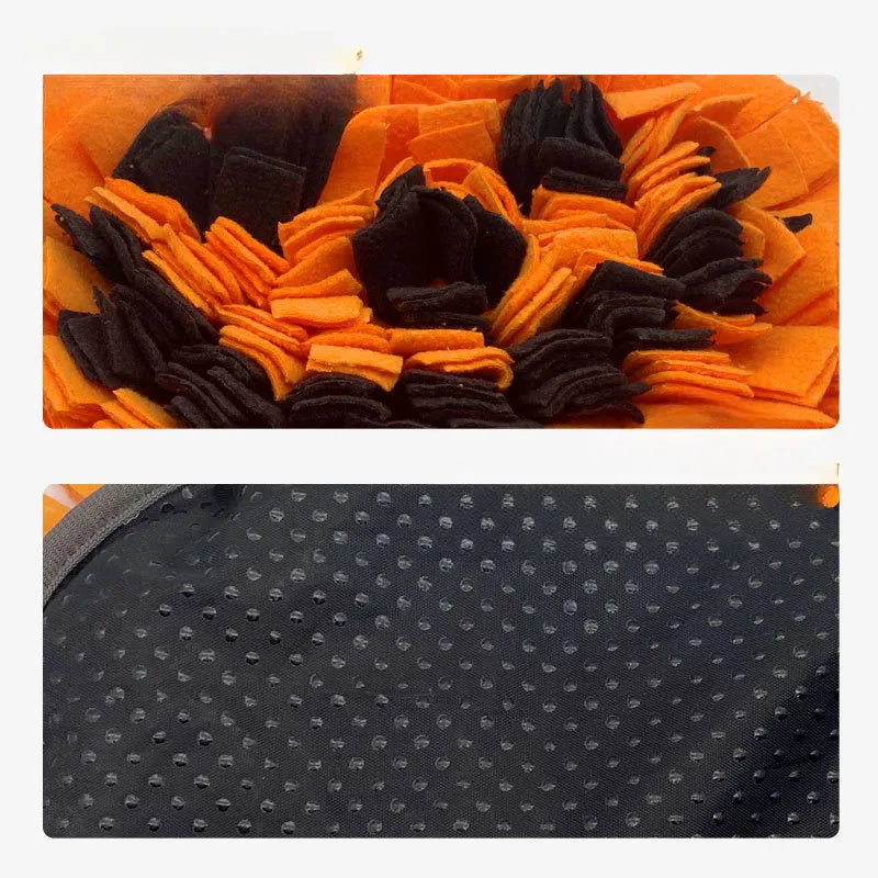 Orange pumpkin-shaped dog sniffing mat with raised fur textures for slow feeding and treat hiding.