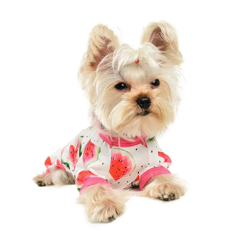 Four-legged dog jumpsuit in watermelon red print made from polyester, available in multiple sizes