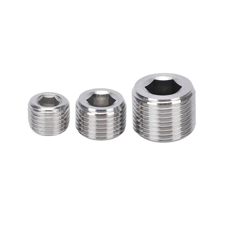 Stainless steel hexagonal pipe plug with 3/8 inch NPT threads for bulkhead fittings.