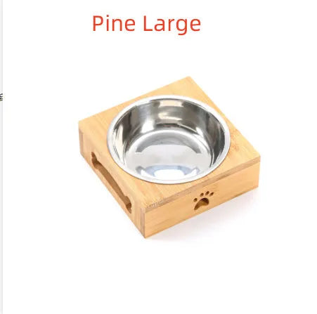 Solid wood pet dining table with stainless steel bowls in elevated feeding station design